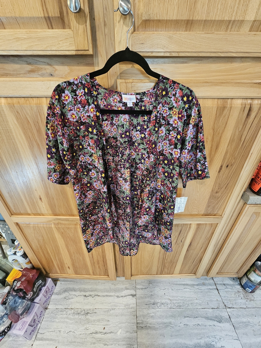 LuLaRoe Black Floral Open-Front Tunic with Pink, Purple and Green Blooms
